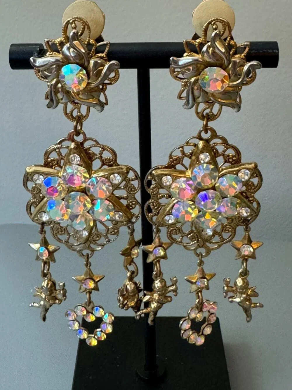 Stunning Vintage Celestial Cupid Chandelier Clip On Earrings